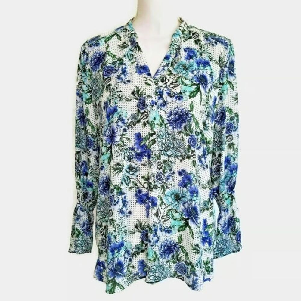 Tacera Top Blouse Large Blue Floral Polka Dot Smocked Cuff Ruffle Sleeve V-Neck